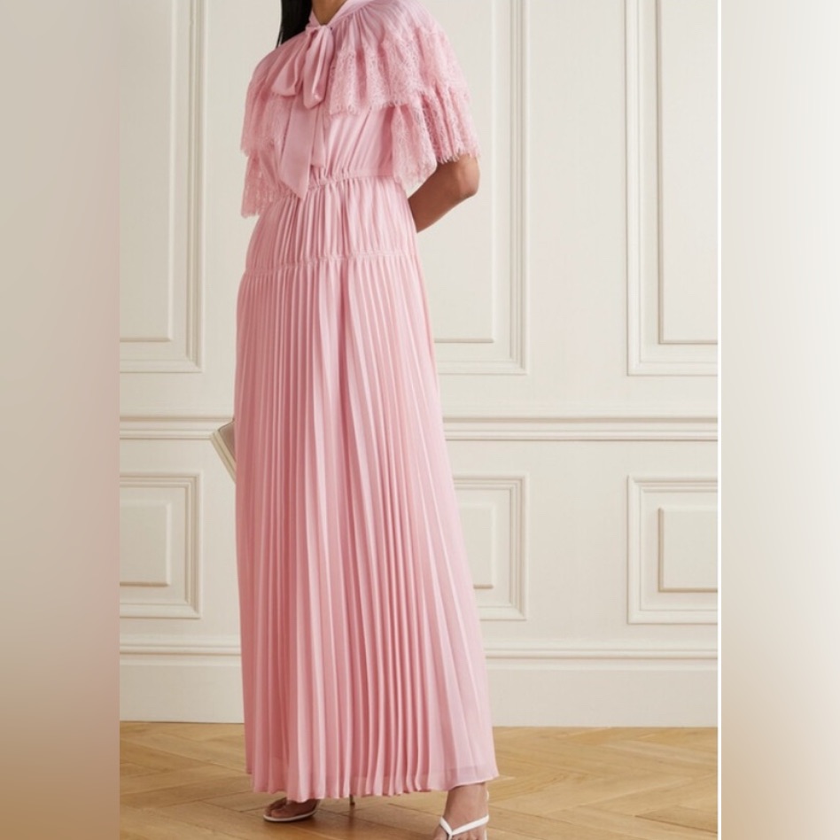 Self-Portrait Pink Pleated Maxi Dress With Lace Yoke